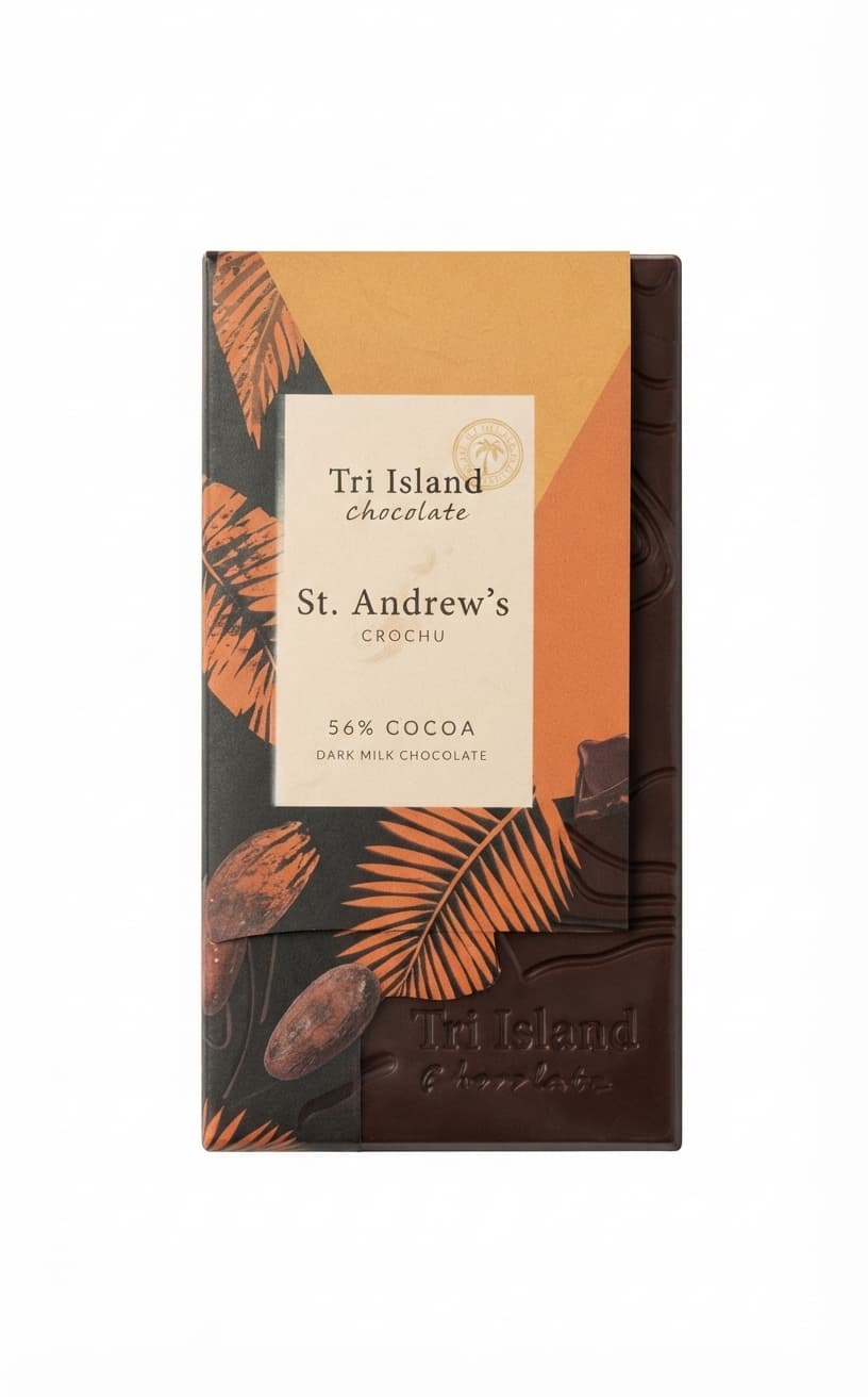 St. Andrew's Crochu Dark Milk 56% 56% milk bar packaging by Tri-Island Chocolate