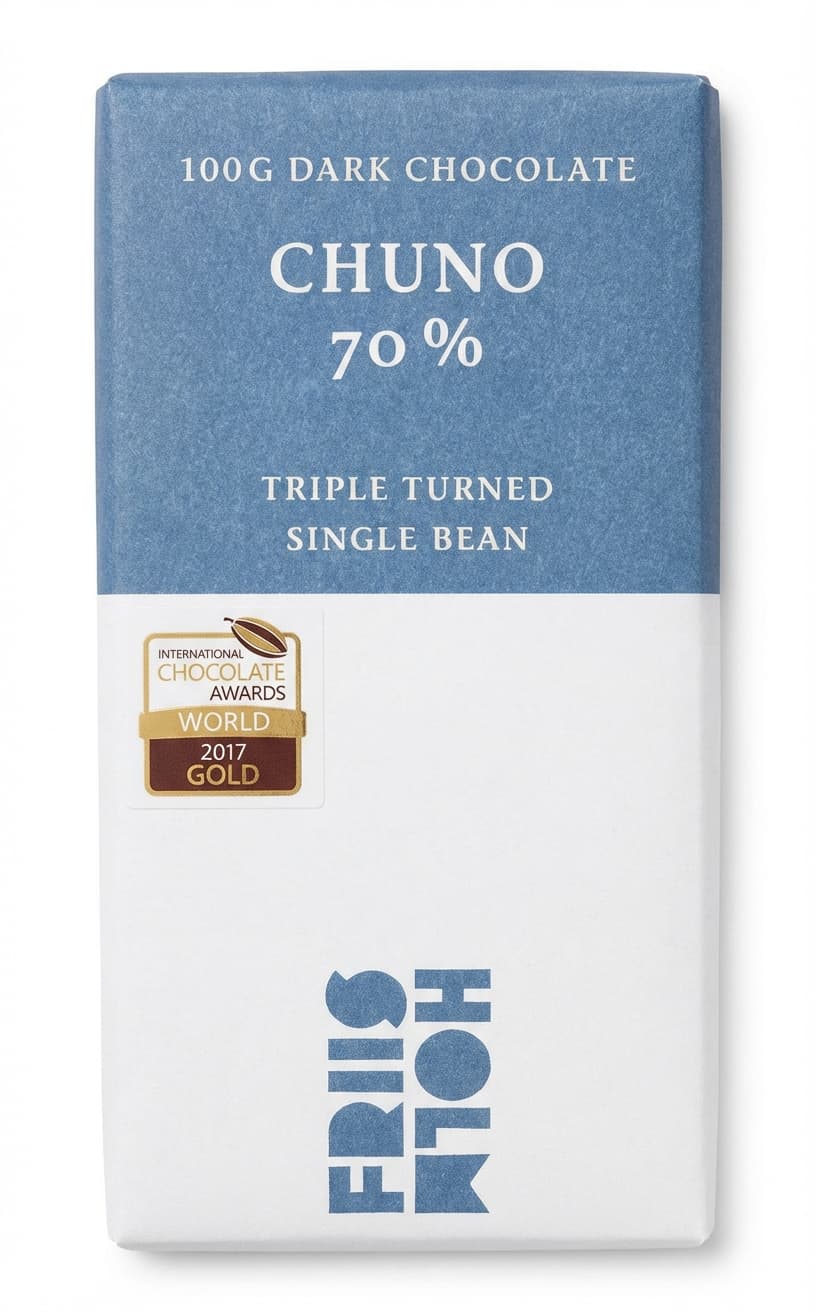Chuno 70% Triple Turned Single Bean 70% dark bar packaging by Friis Holm