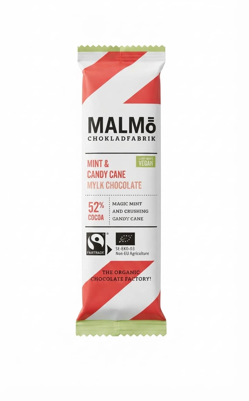 Mint & Candy Cane 52% 52% milk bar packaging by Malmö Chokladfabrik