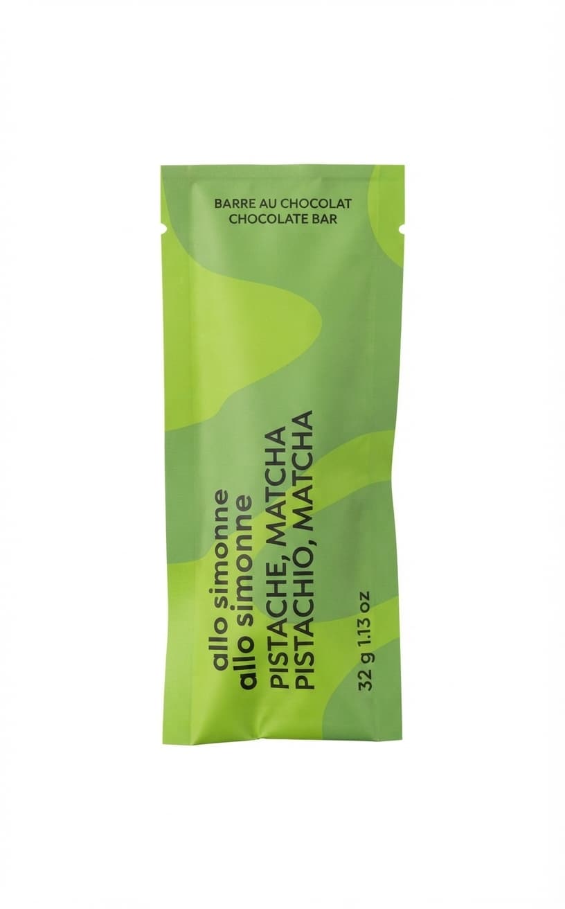 Pistachio & Matcha 70% dark bar packaging by Allo Simonne
