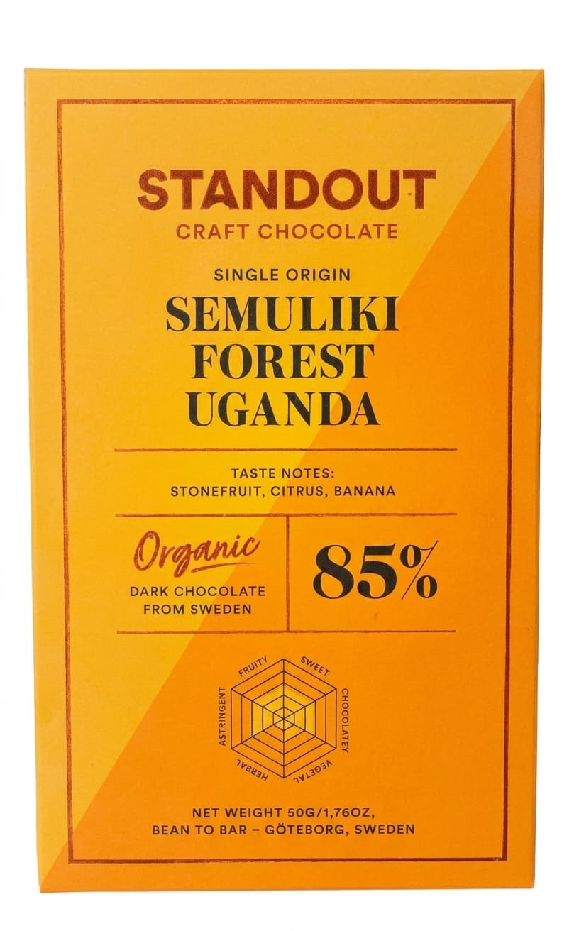 Semuliki Forest 85% dark bar packaging by Standout Chocolate
