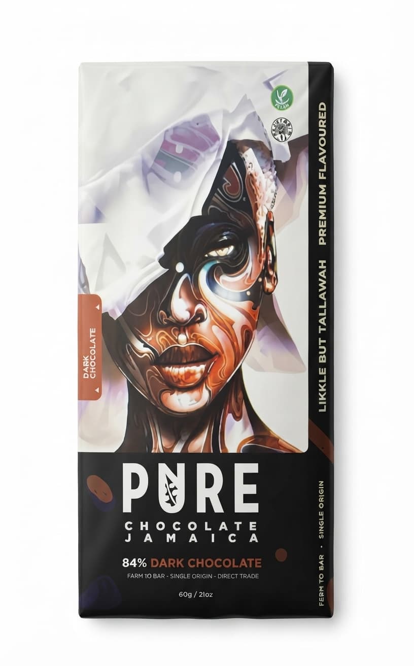 Likkle But Tallawah 84% 84% dark bar packaging by Pure Chocolate Jamaica