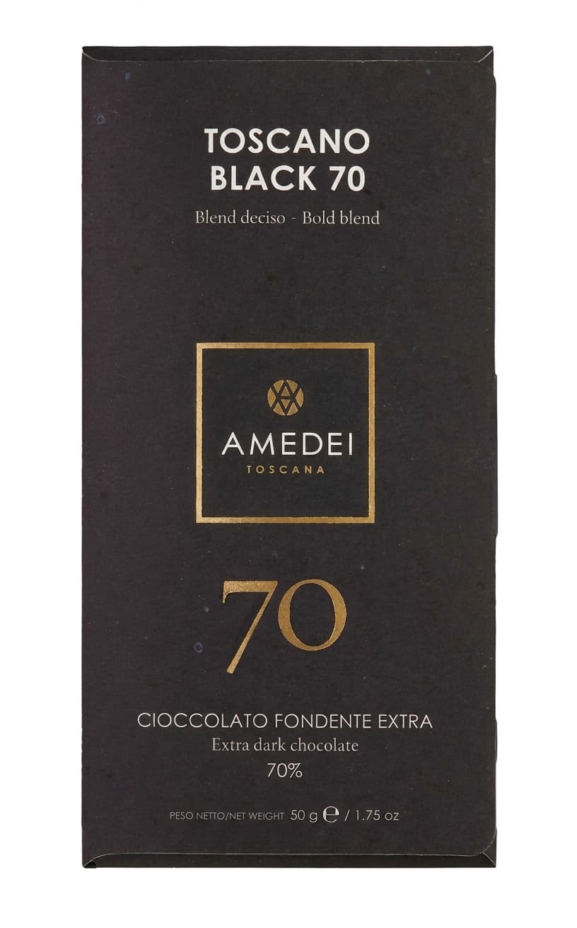 Toscano Black 70% 70% dark bar packaging by Amedei