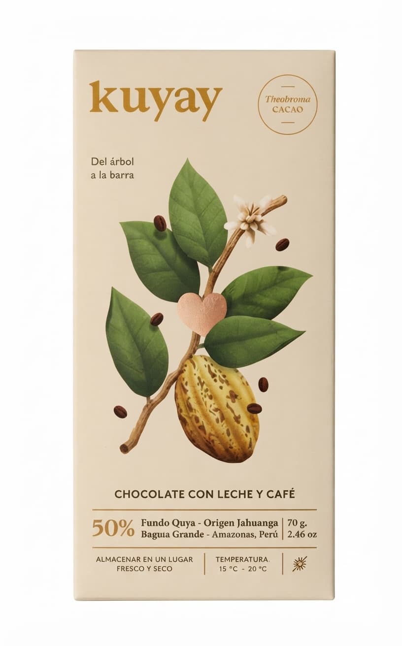 50% Milk Chocolate with Coffee 50% milk bar packaging by Kuyay