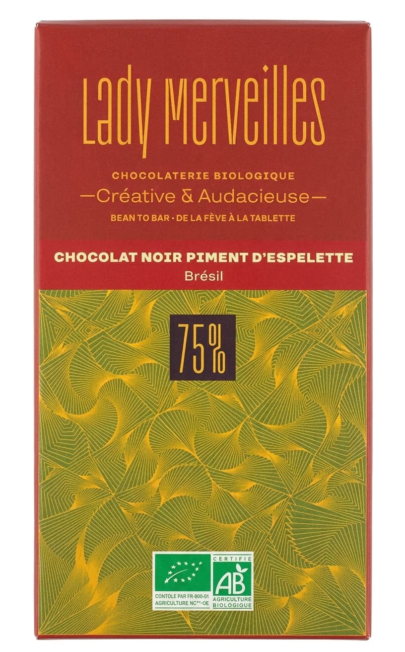 Chocolat Noir Piment d'Espelette 75% 75% dark bar packaging by Lady Merveilles