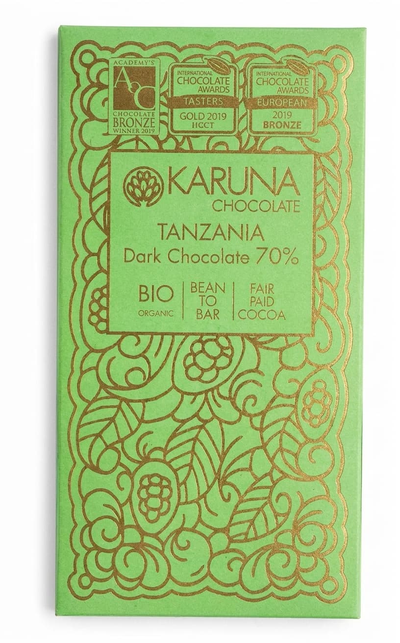 Tanzania 70% 70% dark bar packaging by Karuna