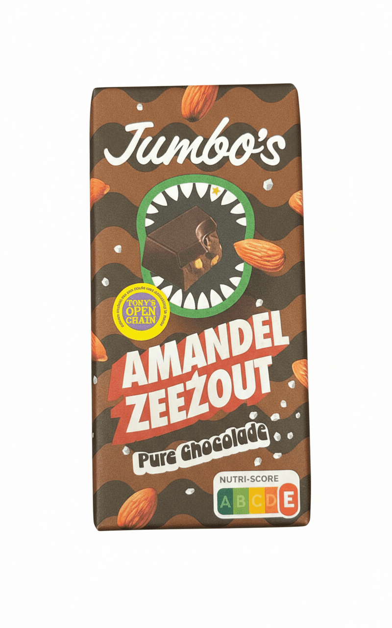 Amandel Zeezout Pure Chocolade 55% dark bar packaging by undefined