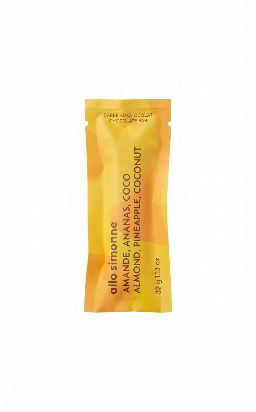 Almond, Pineapple & Coconut null% dark bar packaging by Allo Simonne