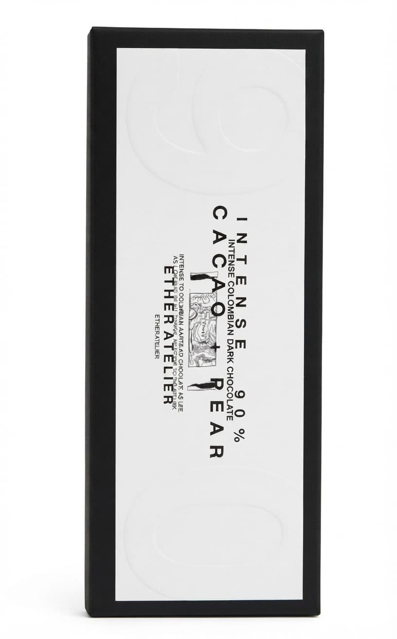 90% Cacao + Pear 90% dark bar packaging by Ether Atelier