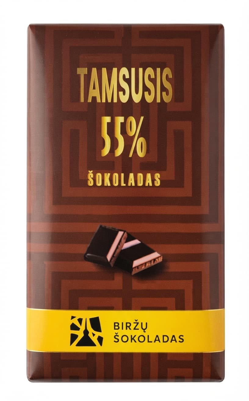 Tamsusis 55% 55% dark bar packaging by Biržų Šokoladas