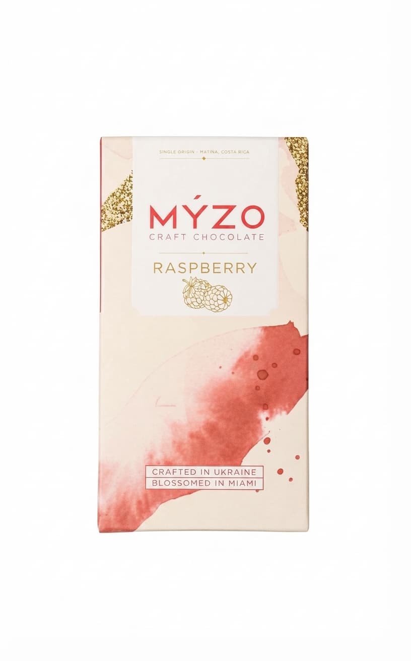 Raspberry 70% 70% dark bar packaging by Myzo Chocolate