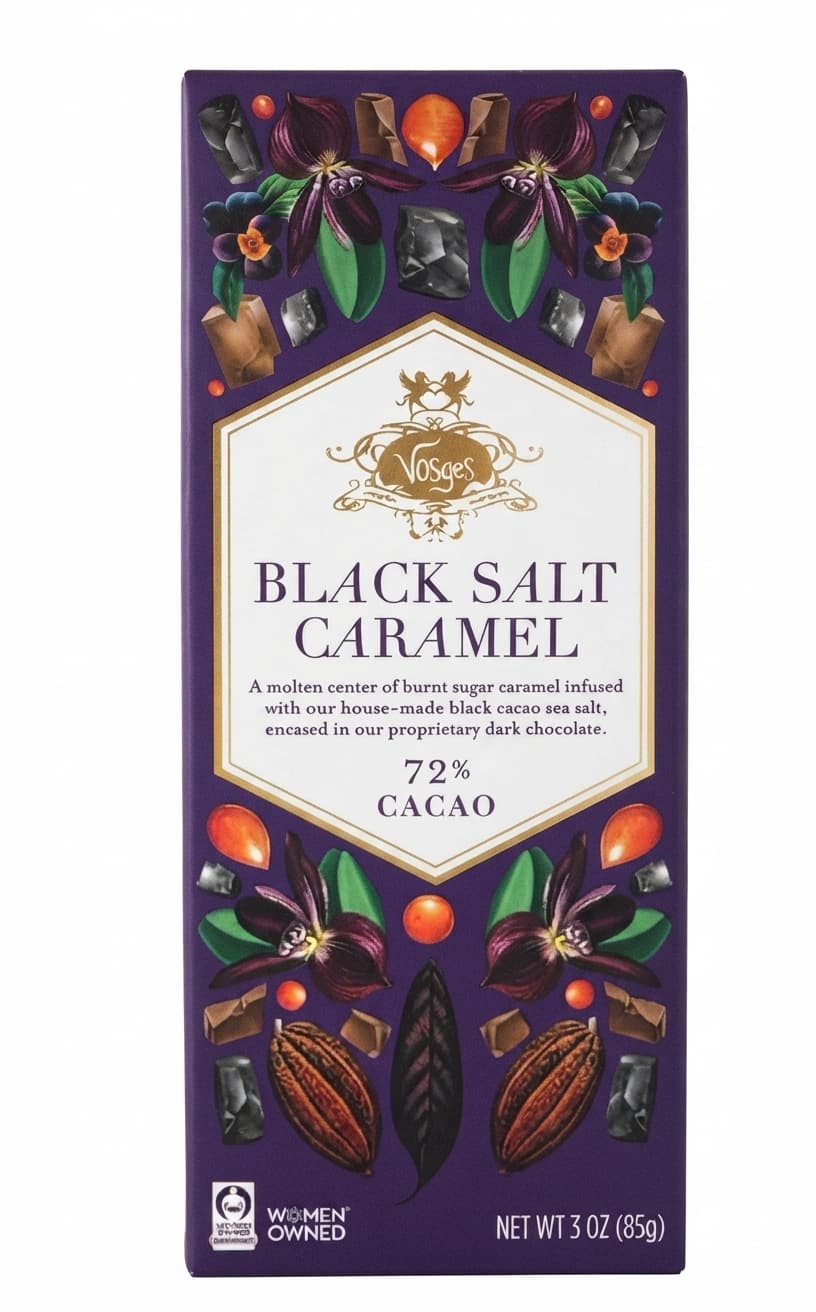 Black Salt Caramel 72% 72% dark bar packaging by Vosges