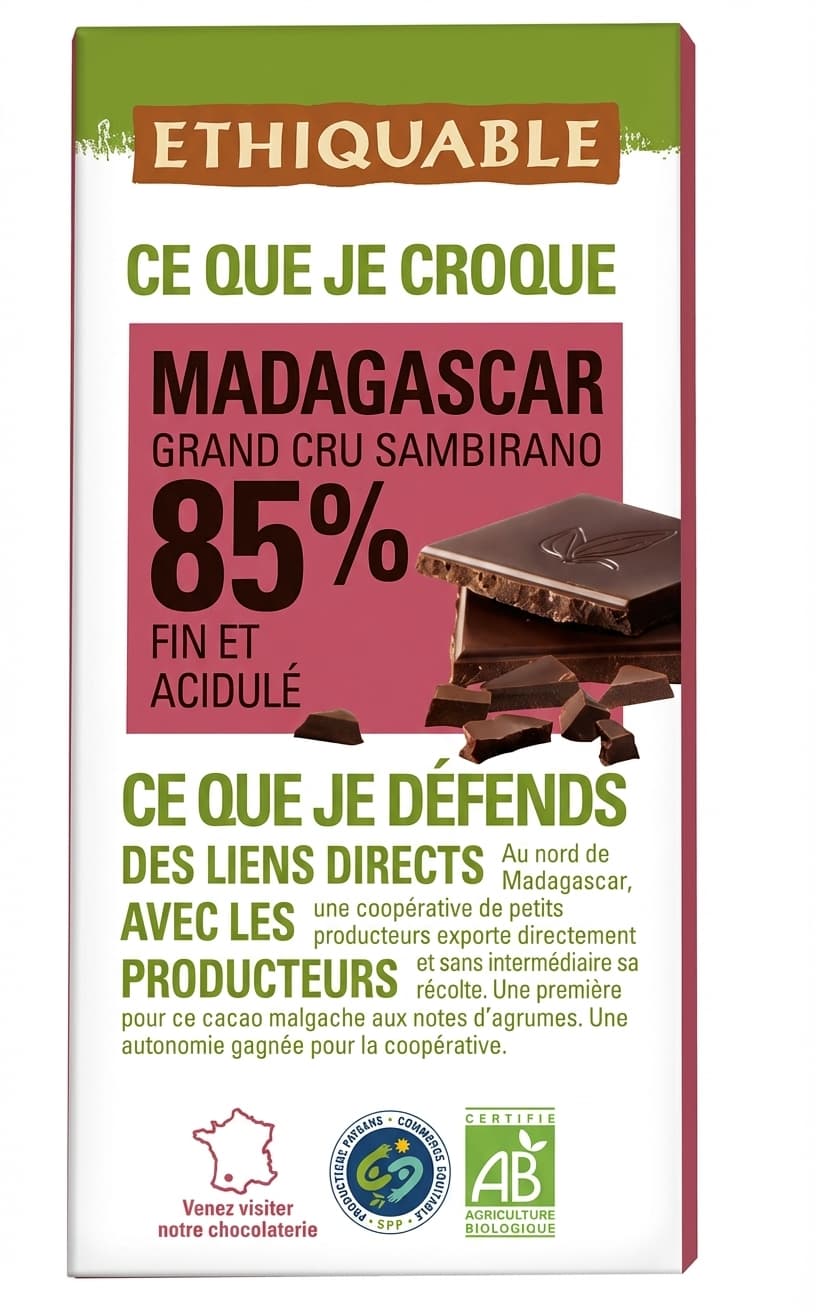 Madagascar Grand Cru Sambirano 85% 85% dark bar packaging by Ethiquable