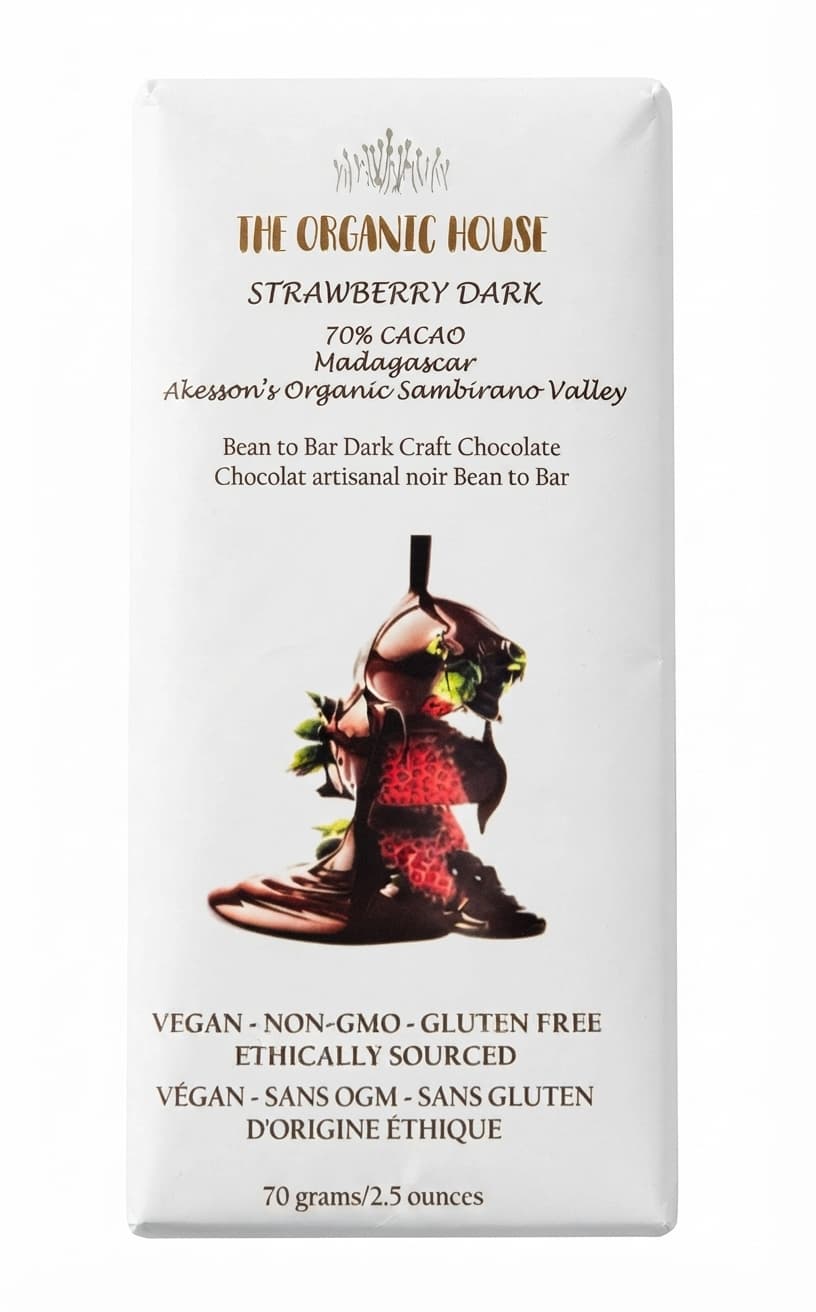 Strawberry Dark 70% 70% dark bar packaging by The Organic House
