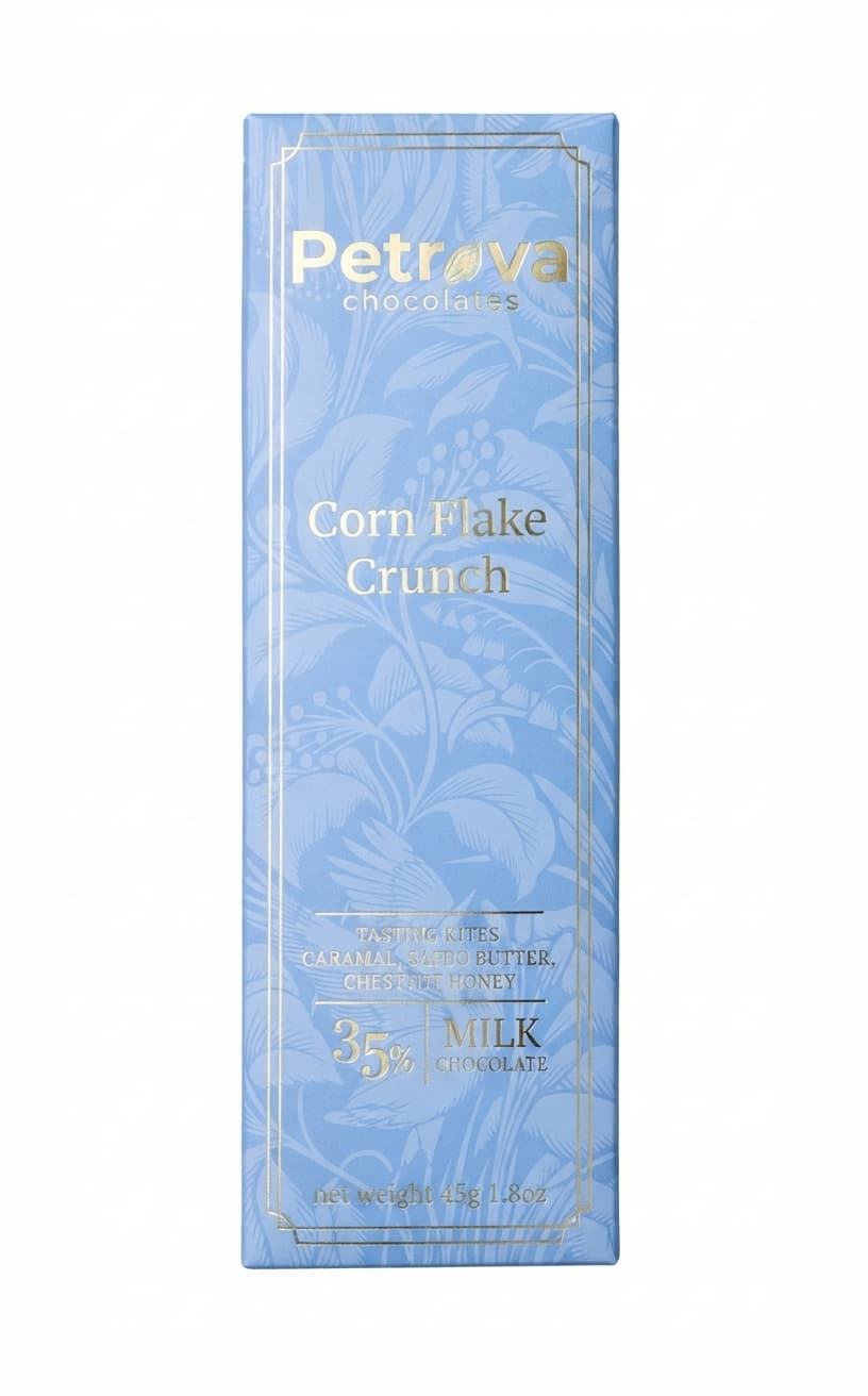 Corn Flake Crunch 35% 35% milk bar packaging by Petrova Chocolates