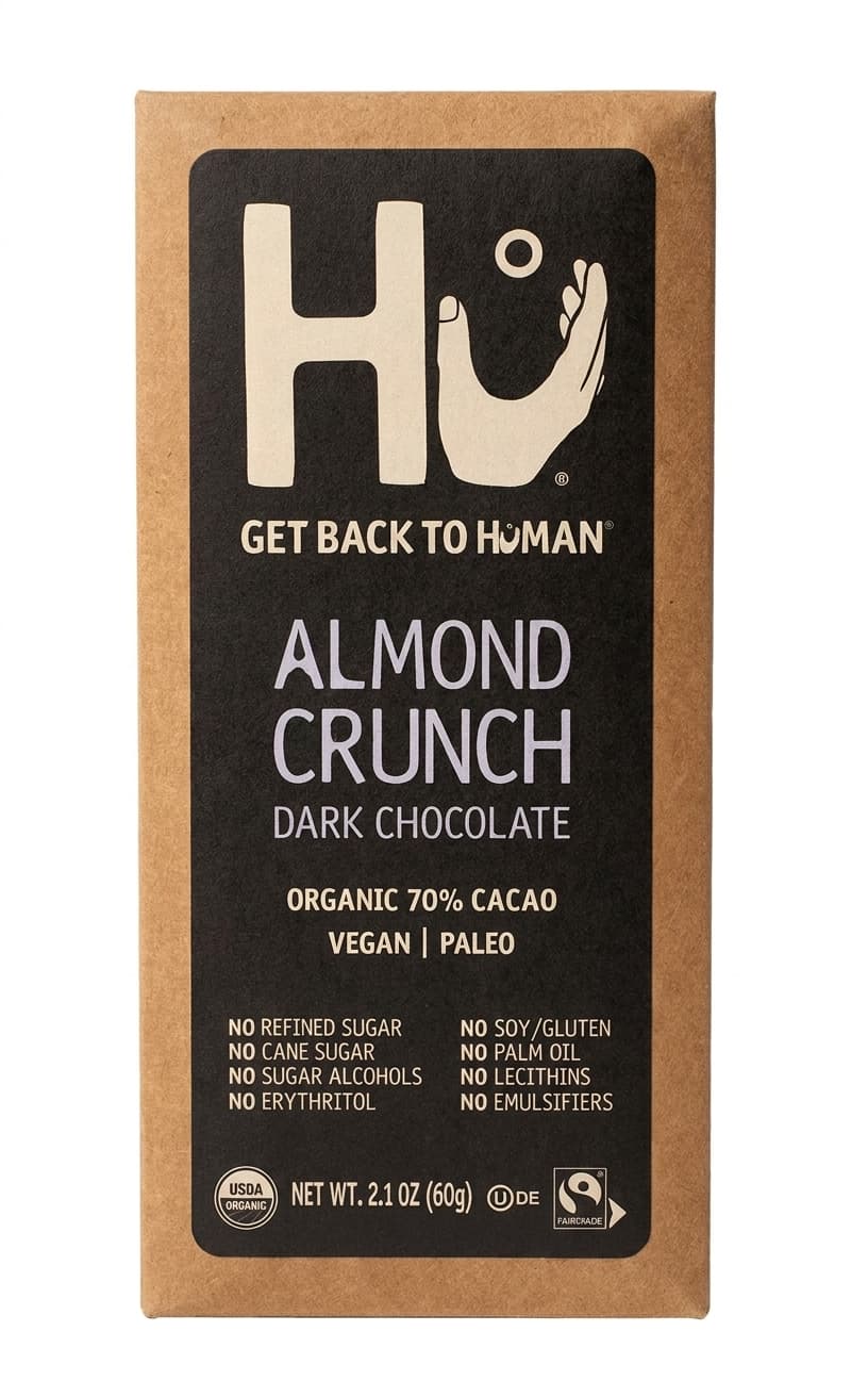 Almond Crunch 70% dark bar packaging by Hu