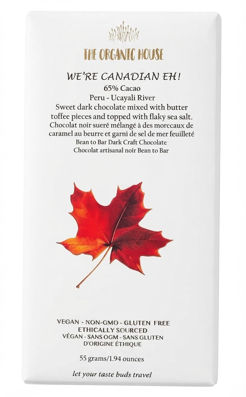 We're Canadian Eh! 65% 65% dark bar packaging by The Organic House