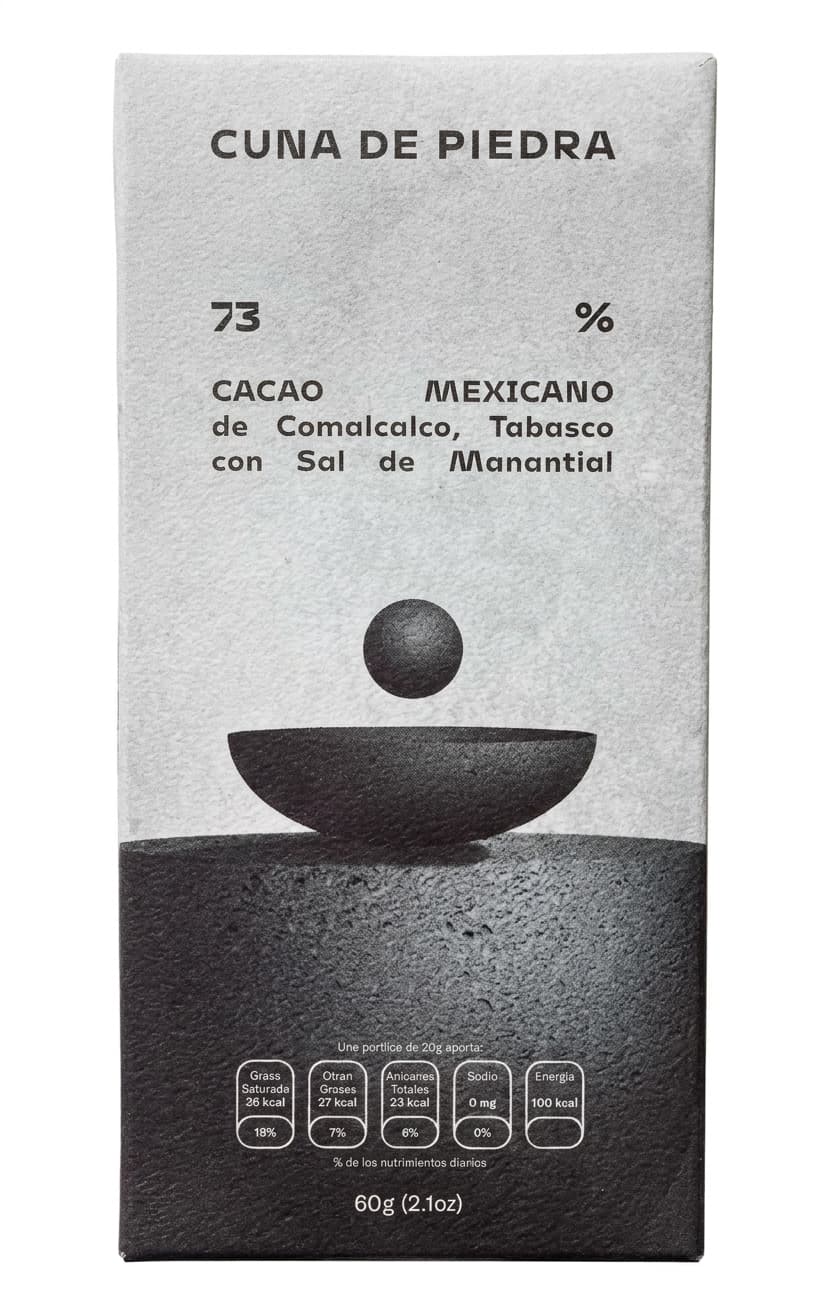 Comalcalco, Tabasco con Sal de Manantial 73% 73% dark bar packaging by Cuna de Piedra
