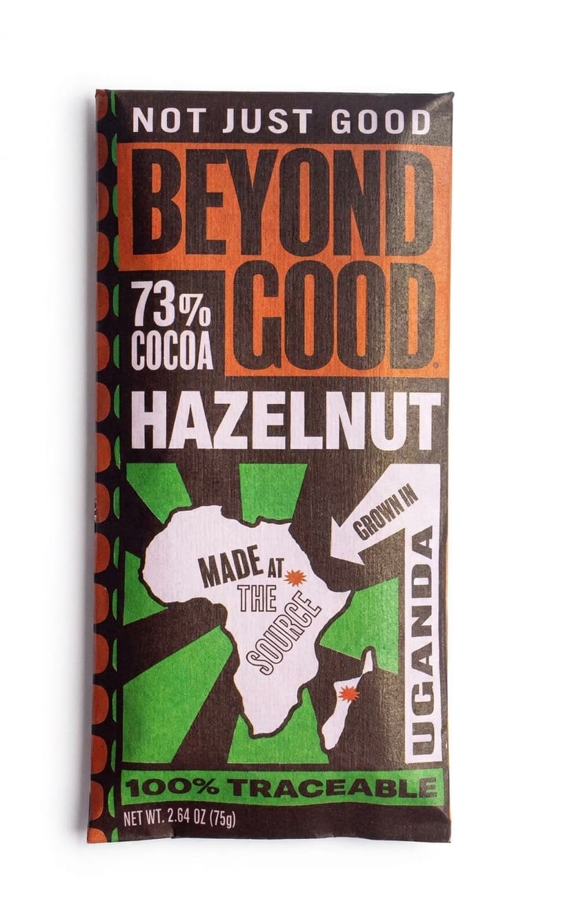 Hazelnut 73% 73% dark bar packaging by Beyond Good