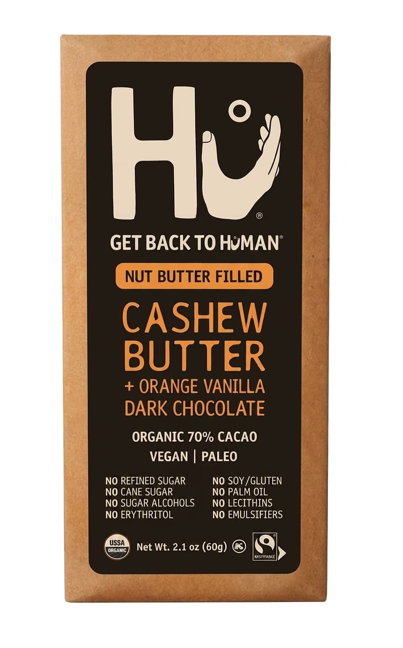 Cashew Butter + Orange Vanilla Dark Chocolate 70% dark bar packaging by Hu