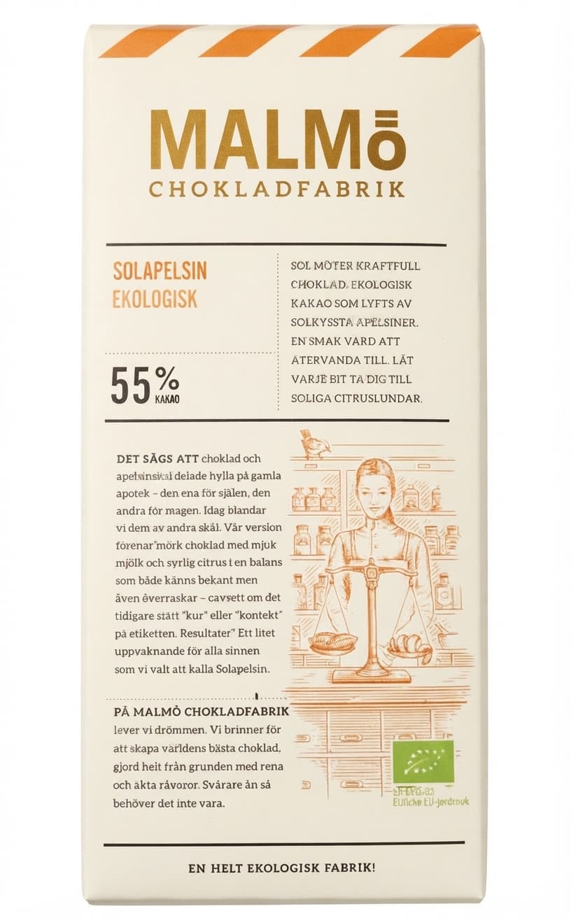 Solapelsin 55% 55% dark bar packaging by Malmö Chokladfabrik