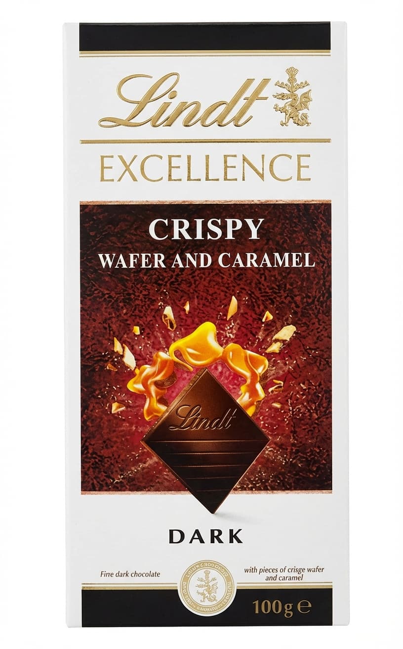 Excellence Crispy Wafer and Caramel 47% dark bar packaging by Lindt