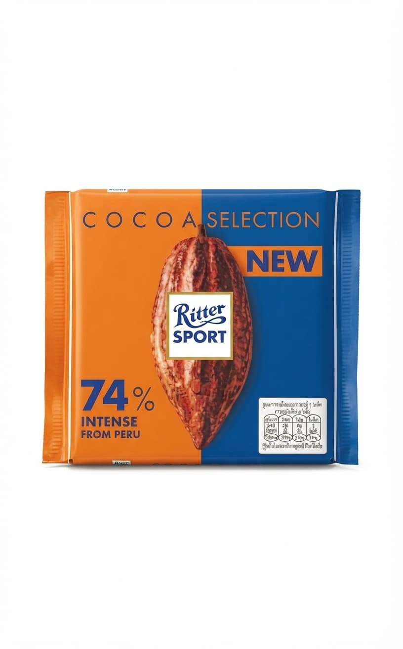 Cocoa Selection Intense 74% 74% dark bar packaging by Ritter Sport