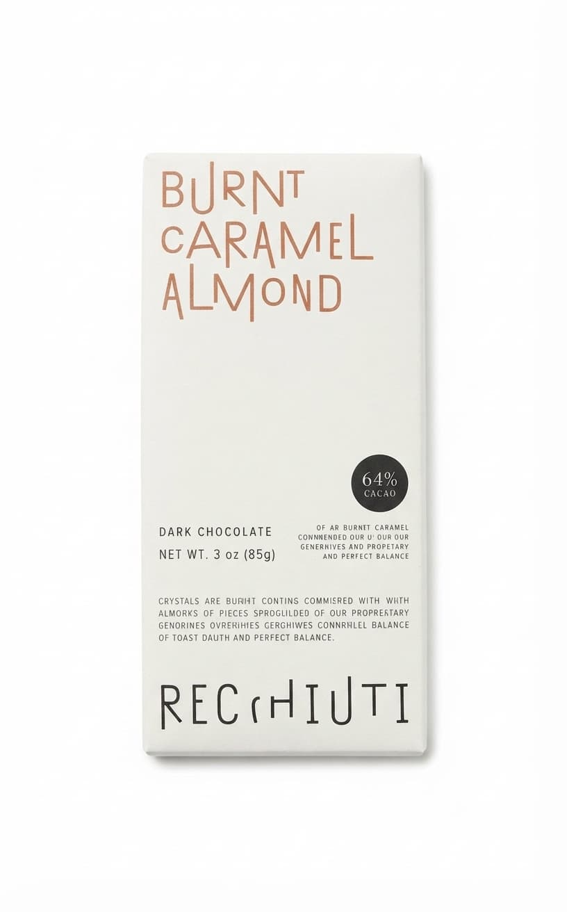 Burnt Caramel Almond 64% 64% dark bar packaging by Recchiuti Confections