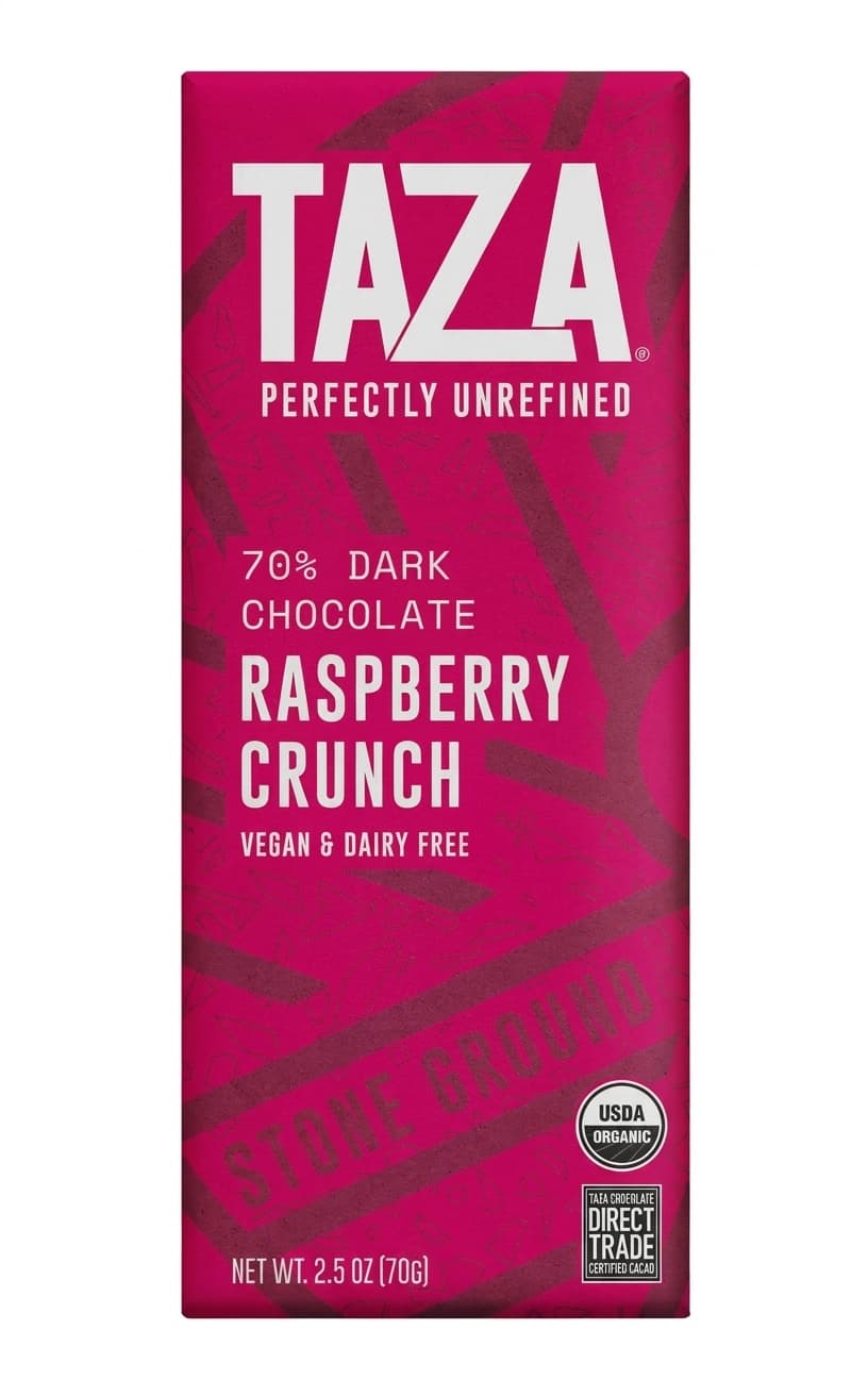 Raspberry Crunch 70% 70% dark bar packaging by Taza