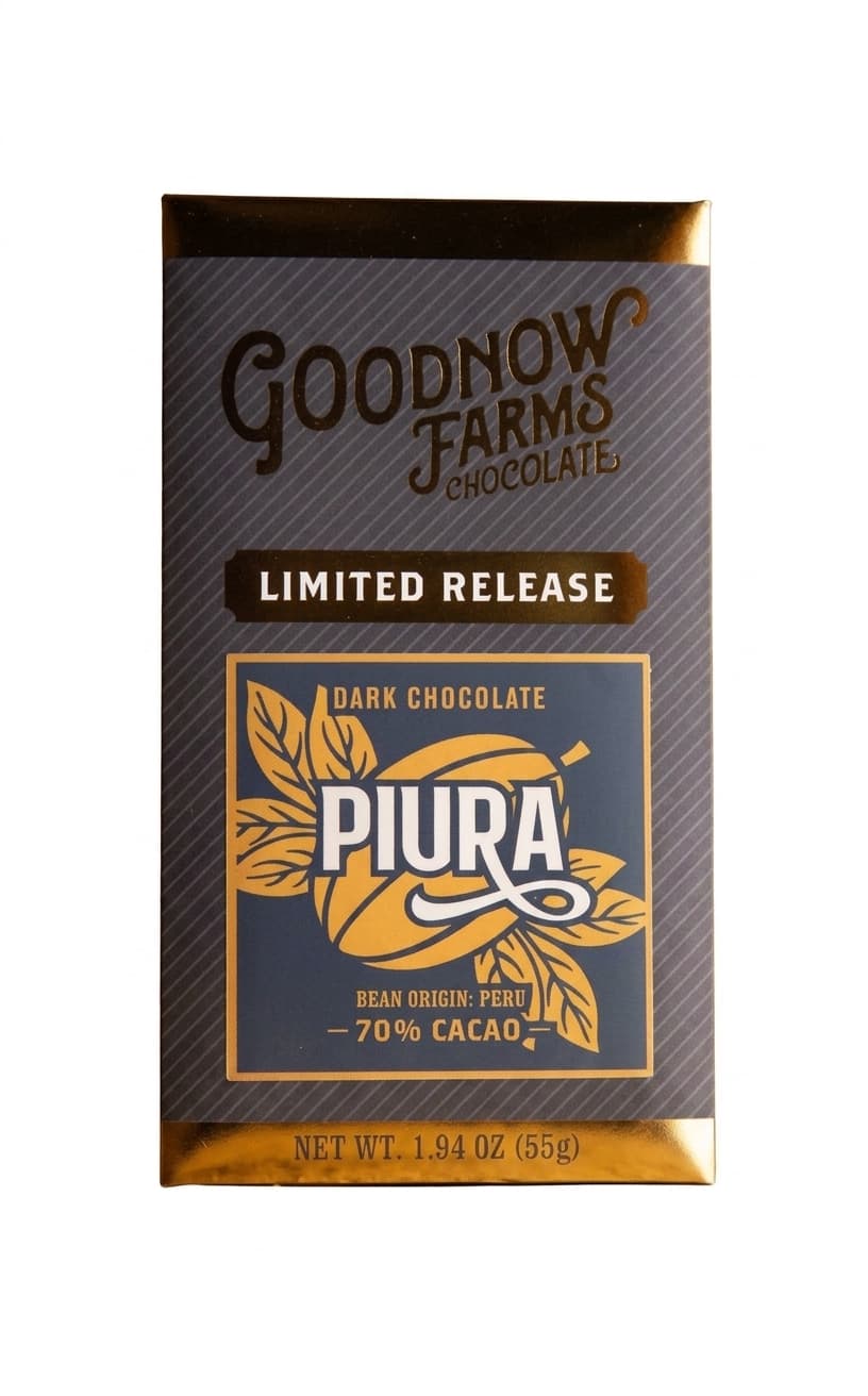 Piura 70% 70% dark bar packaging by Goodnow Farms