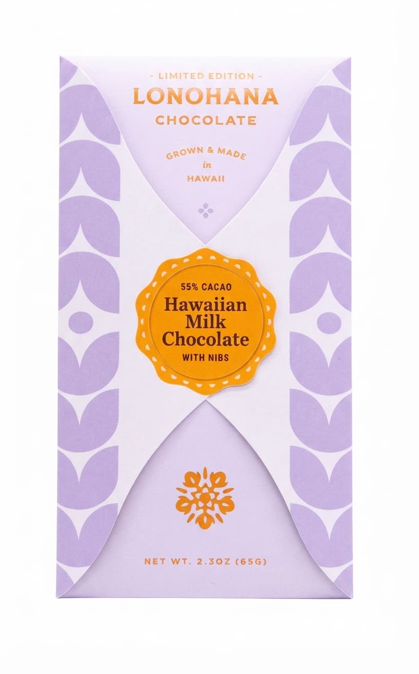 Hawaiian Milk with Nibs 55% 55% milk bar packaging by Lonohana Estate Chocolate