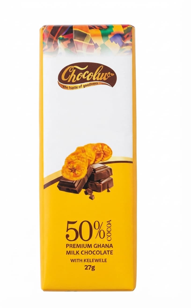 Kelewele 50% 50% milk bar packaging by Chocoluv