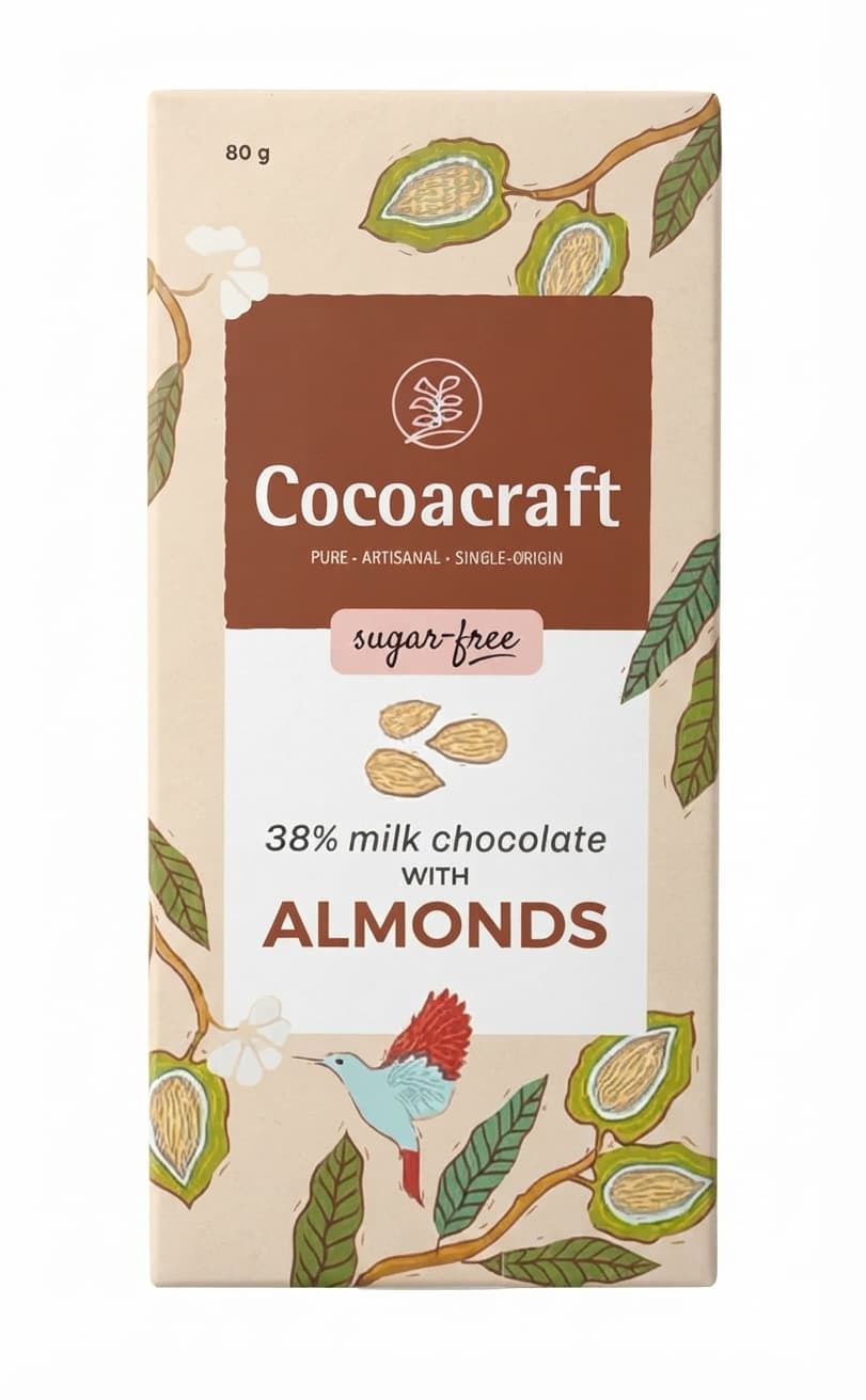 Milk Almonds 38%, Sugar Free 38% milk bar packaging by Cocoacraft