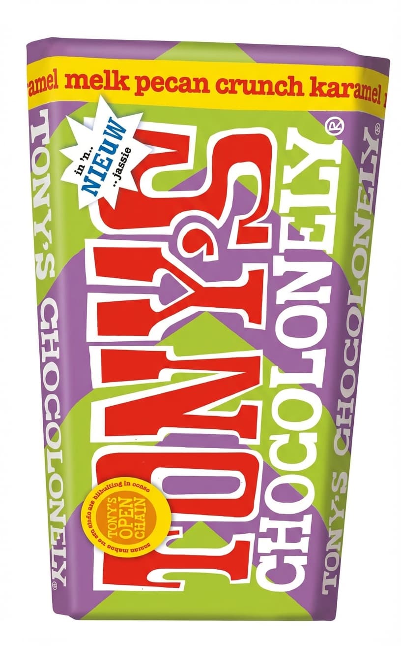 Melk Pecan Crunch Karamel 32% milk bar packaging by Tony's Chocolonely