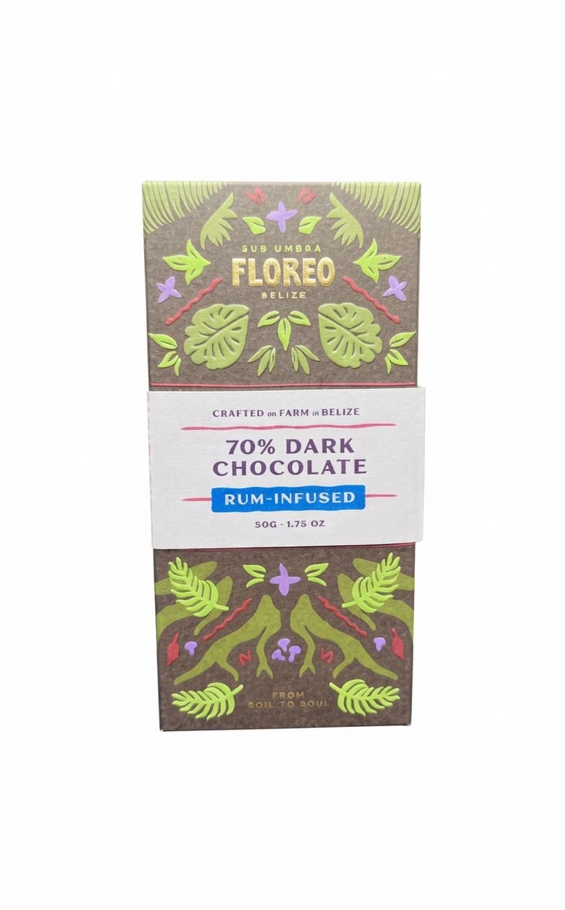 Rum Infused 70% 70% dark bar packaging by Floreo Belize