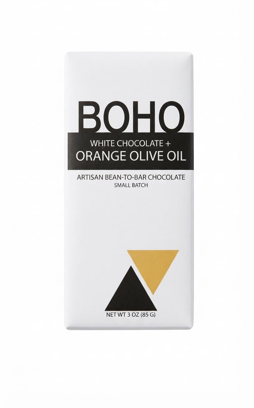White Chocolate + Orange Olive Oil white bar packaging by BOHO Chocolate