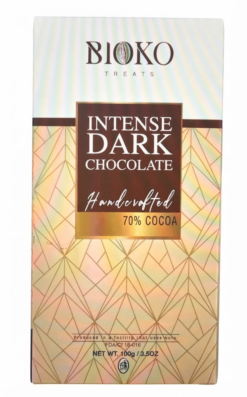 Intense Dark 70% 70% dark bar packaging by Bioko Treats