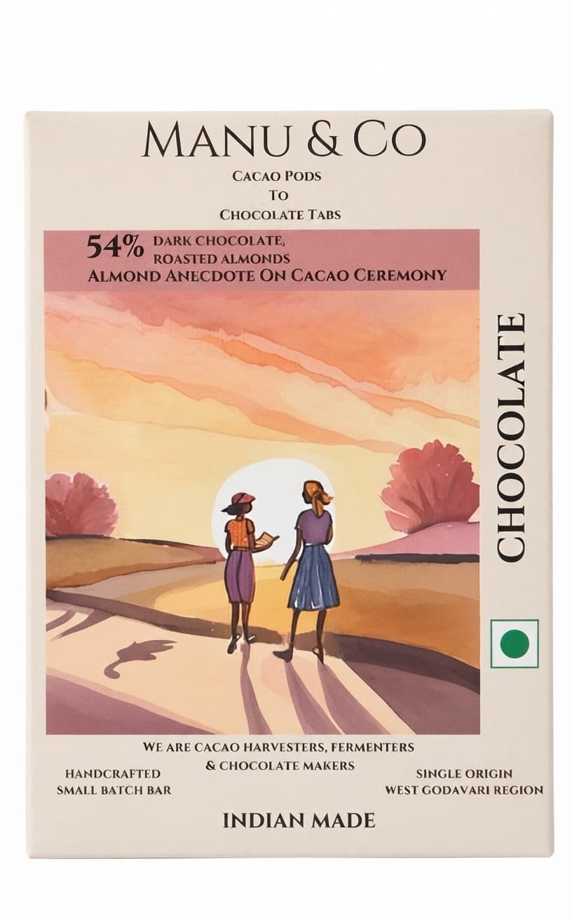 Almond Anecdote 54% 54% dark bar packaging by Manu & Co