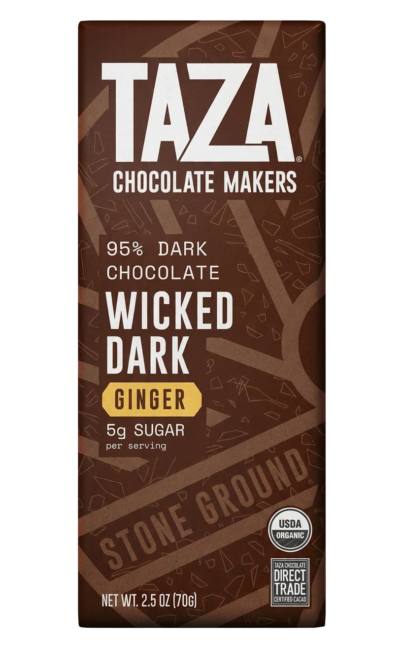 Wicked Dark Ginger 95% 95% dark bar packaging by Taza