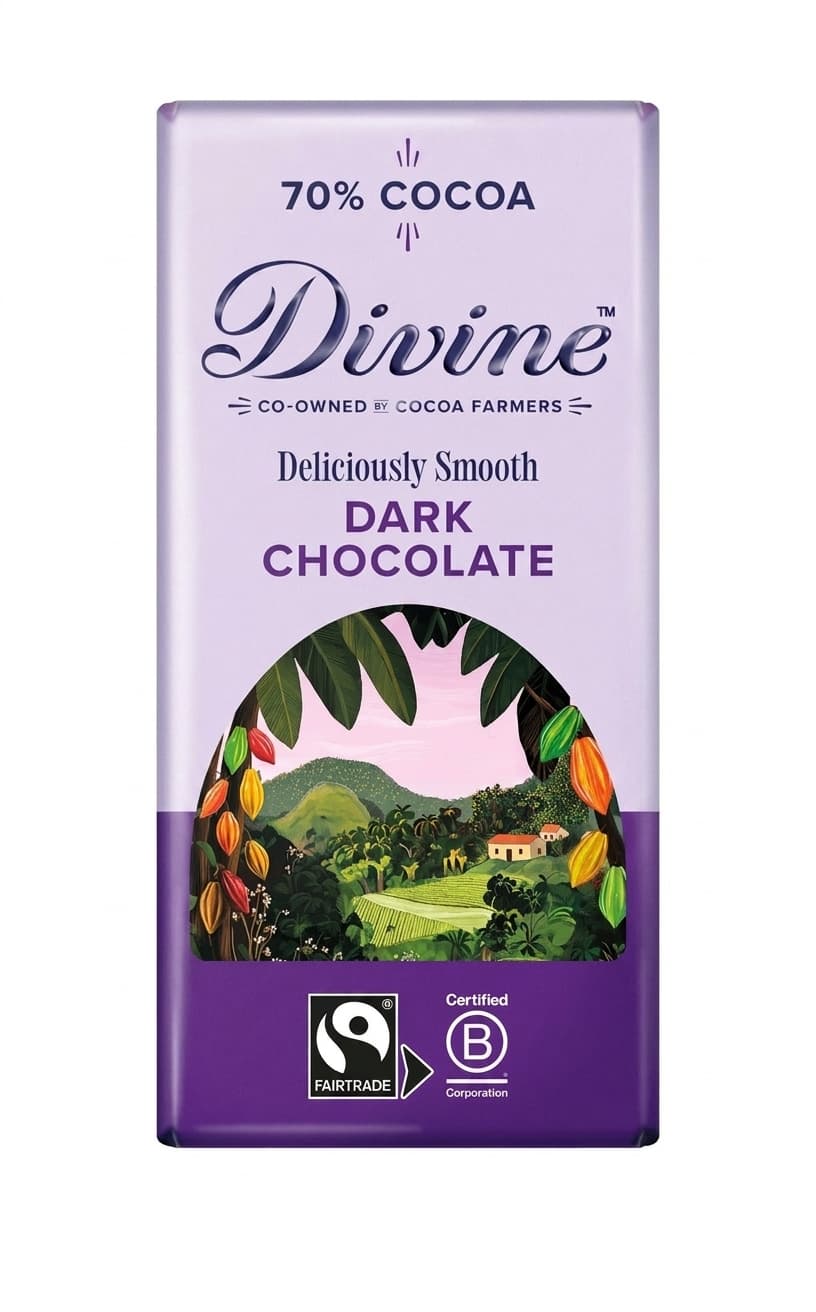 Dark 70% 70% dark bar packaging by Divine