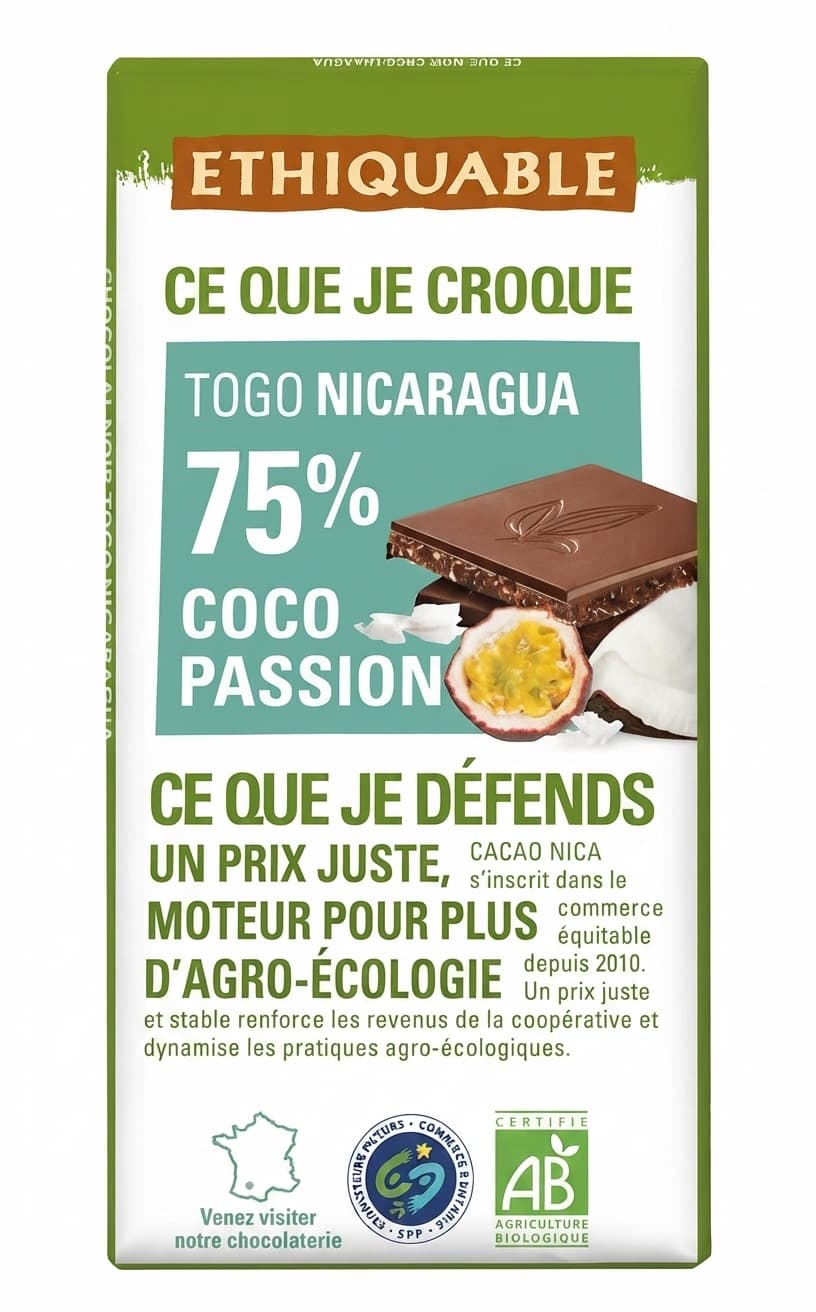 Coco Passion 75% 75% dark bar packaging by Ethiquable