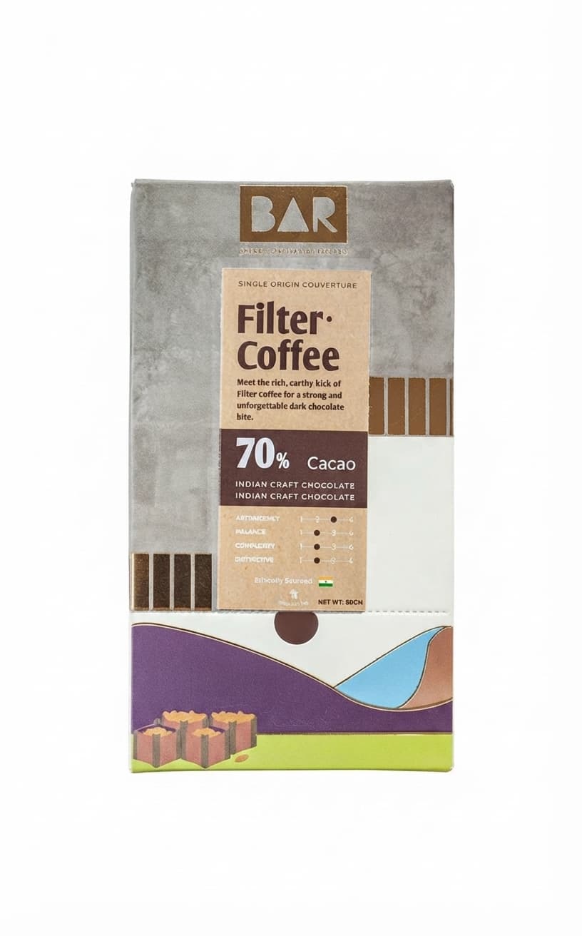 Filter Coffee 70% 70% dark bar packaging by BAR Baker's Artisanal Recipes