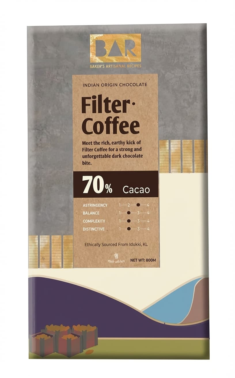 Filter Coffee 70% 70% dark bar packaging by BAR Baker's Artisanal Recipes
