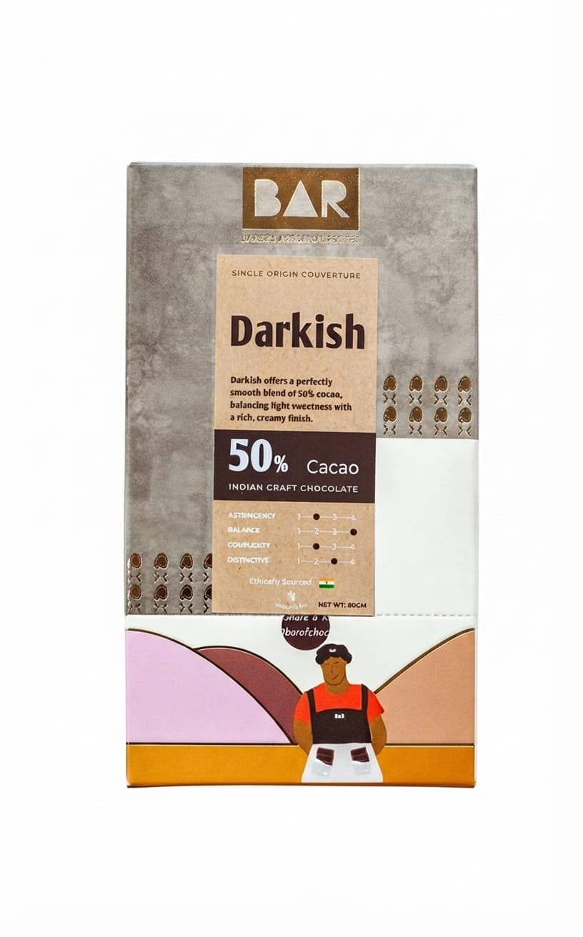 Darkish 50% 50% dark bar packaging by BAR Baker's Artisanal Recipes