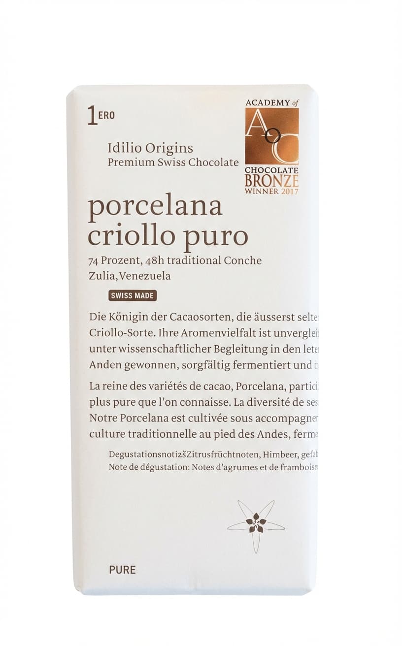 Porcelana Criollo Puro 74% 74% dark bar packaging by Idilio Origins