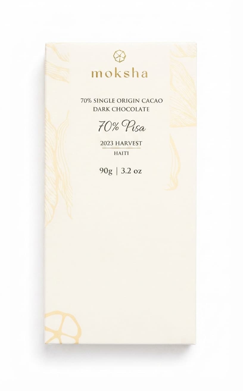 Pisa 70% 70% dark bar packaging by Moksha Chocolate