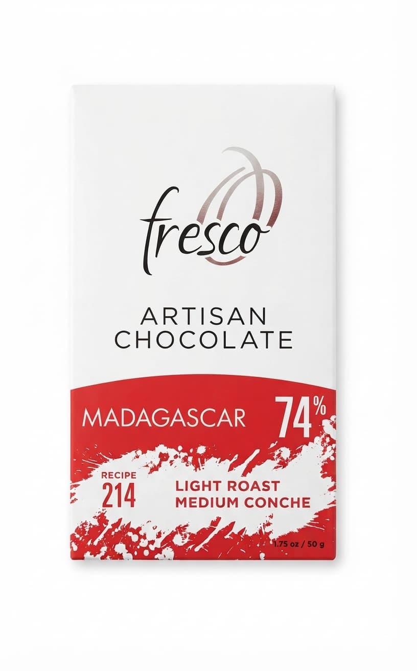 Madagascar 74% Light Roast 74% dark bar packaging by Fresco