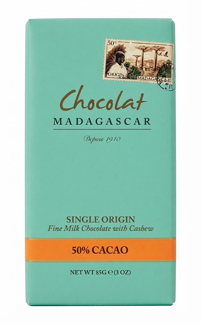 Fine Milk with Cashew 50% 50% milk bar packaging by Chocolat Madagascar