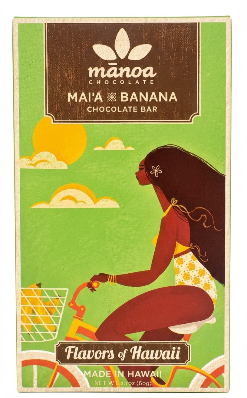 Flavors of Hawaii Mai'a x Banana 70% dark bar packaging by mānoa chocolate