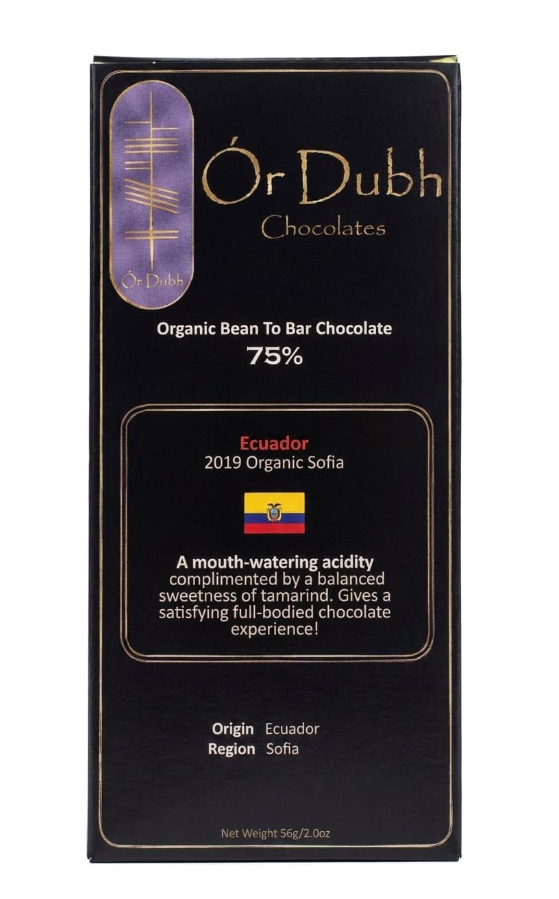 Sofia 75% 75% dark bar packaging by Ór Dubh Chocolate